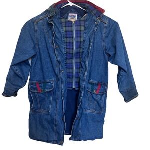 VTG CURRENT SEEN Womens Jean Jacket Large Denim 80s 90s Long Coat Removable Hood